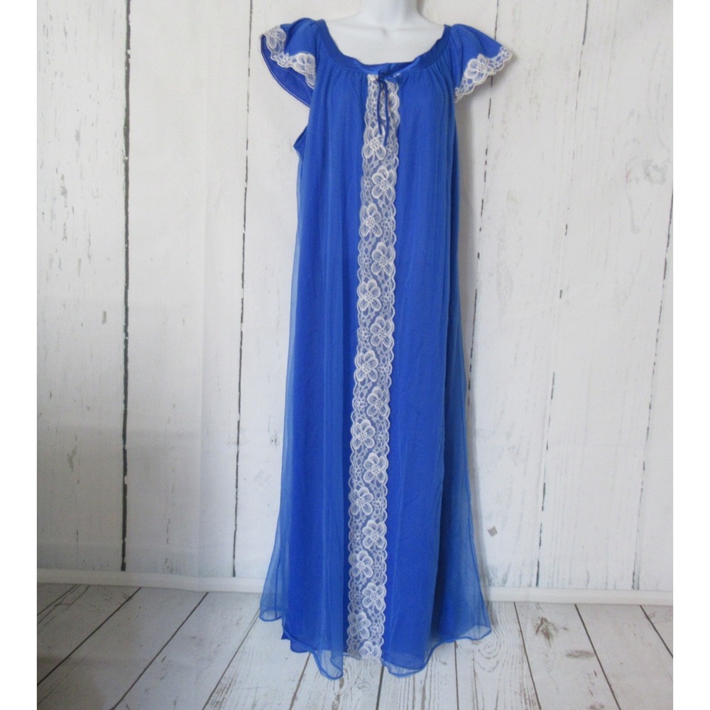 Vintage Erica Loren Nightgown L Large‎ Blue Lace Cap Sleeve Long Maxi